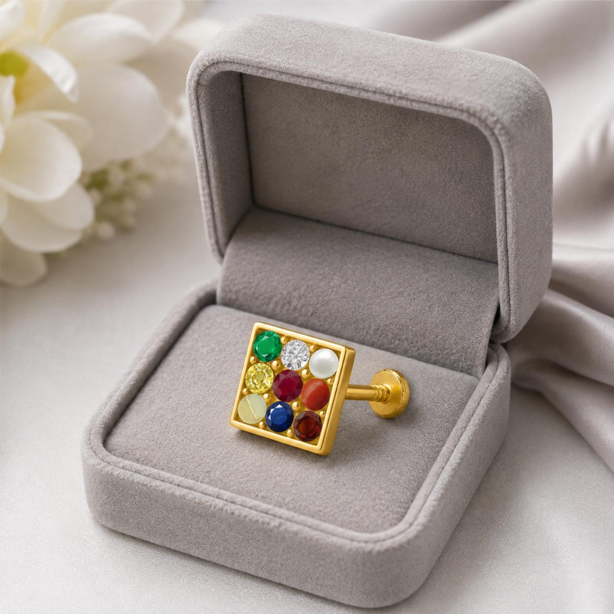 Navratna Square Multigem Nose Pin – Sterling Silver Gold Plated