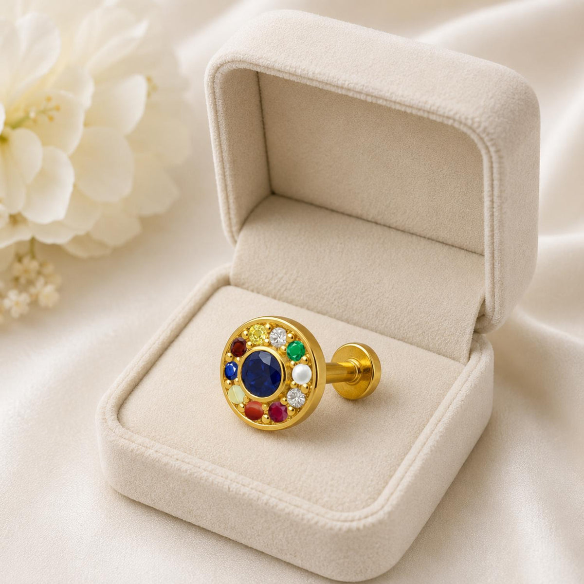 Navratna Round Multi Gemstone Nose Pin – Sterling Silver Gold Plated