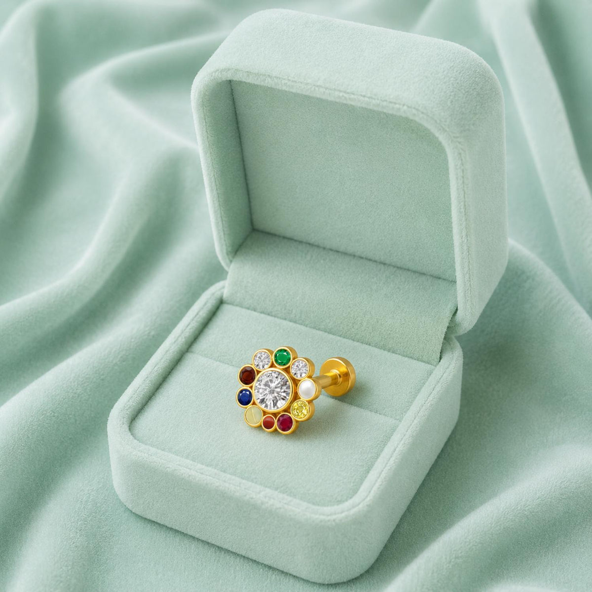 Navratna Floral Round Multigem Nose Pin – Sterling Silver Gold Plated