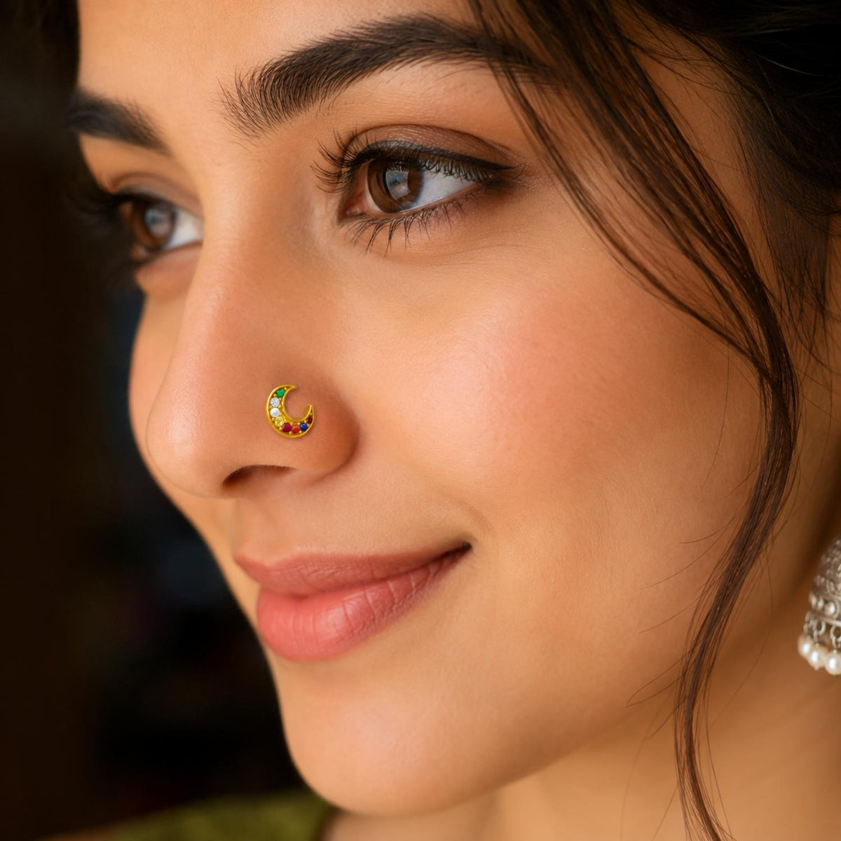 Crescent Moon Multigems Nose Pin – Sterling Silver Gold Plated