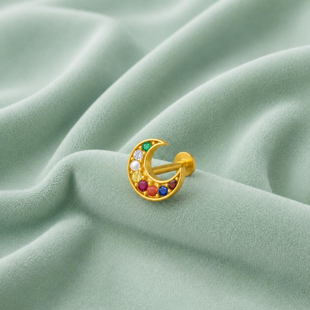 Crescent Moon Multigems Nose Pin – Sterling Silver Gold Plated