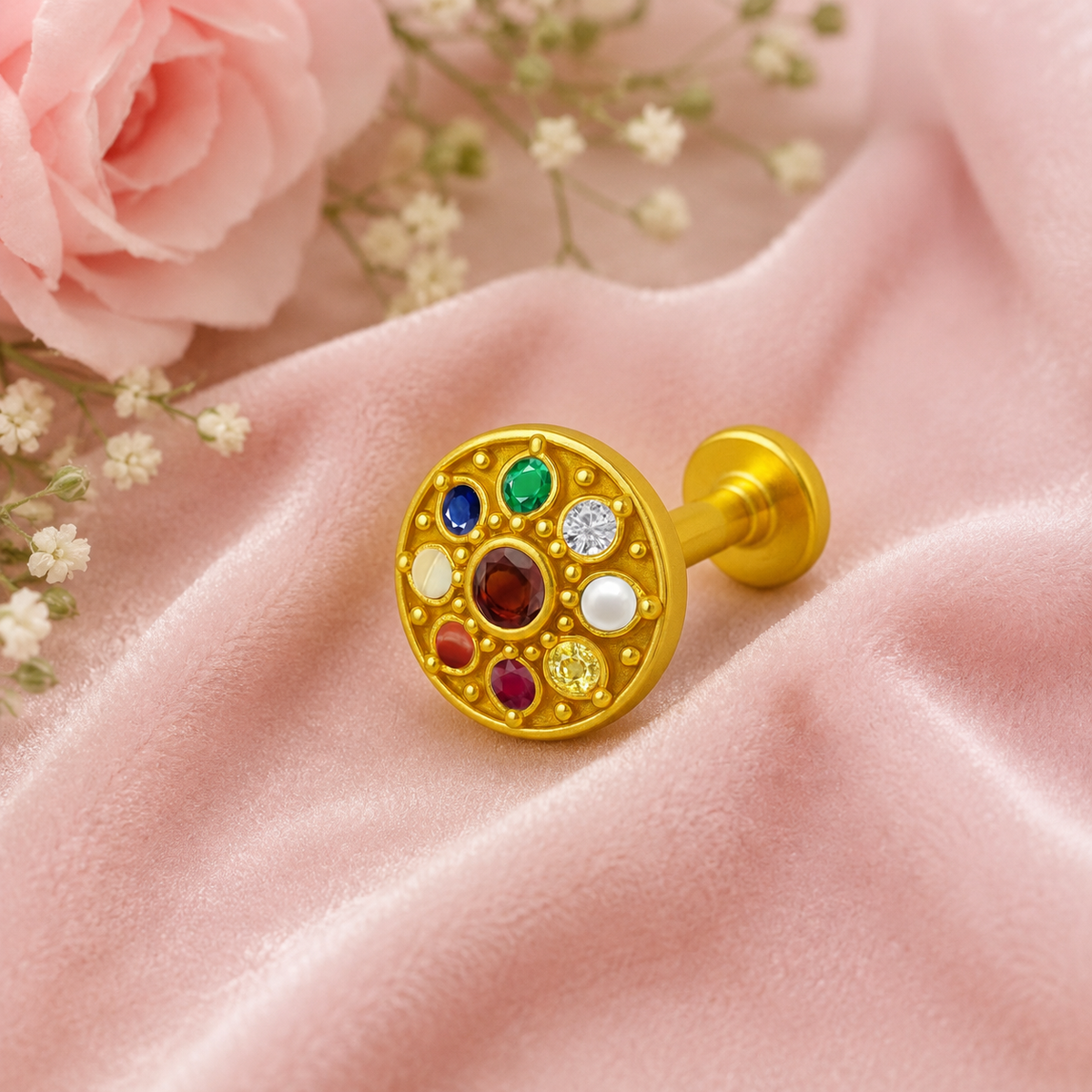 Navratna Round Mandala Multigems Nose Pin – Sterling Silver Gold Plated