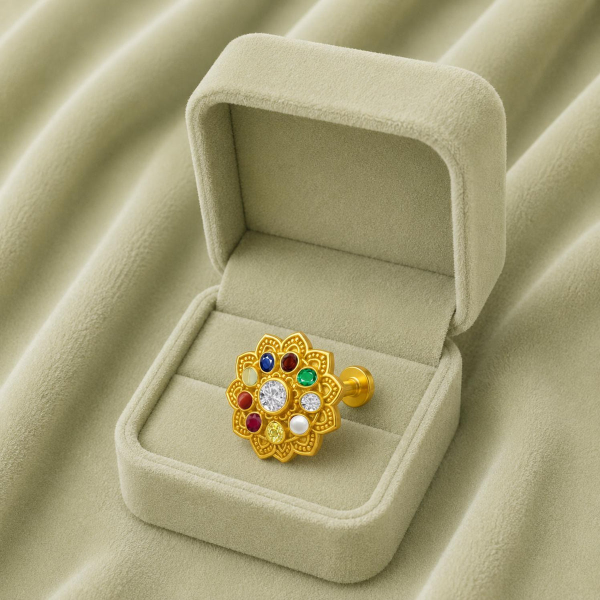 Navratna Lotus Floral Multi Gemstone Nose Pin – Sterling Silver Gold Plated