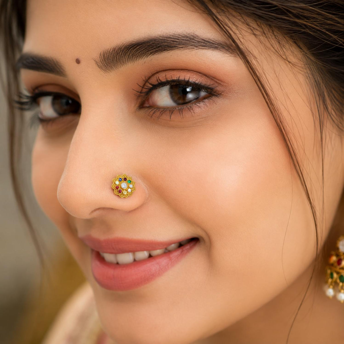 Navratna Lotus Floral Multi Gemstone Nose Pin – Sterling Silver Gold Plated
