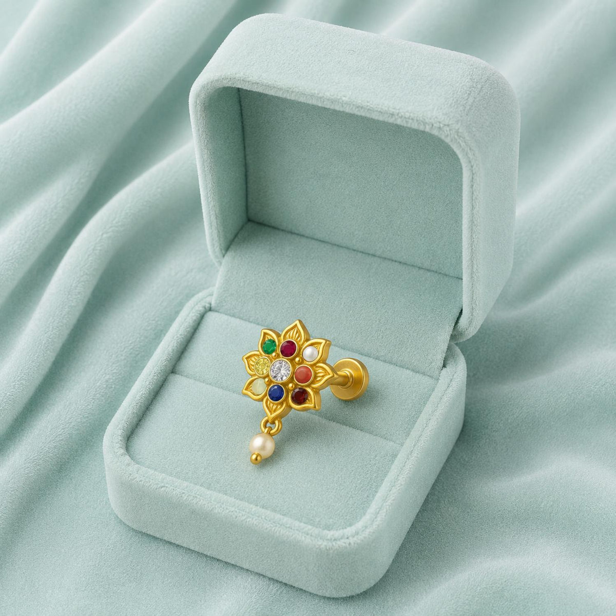 Navratna Lotus Floral Design with Pearl Drop Nose Pin – Sterling Silver Gold Plated