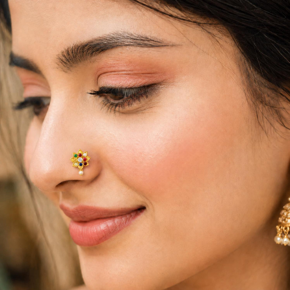 Navratna Lotus Floral Design with Pearl Drop Nose Pin – Sterling Silver Gold Plated