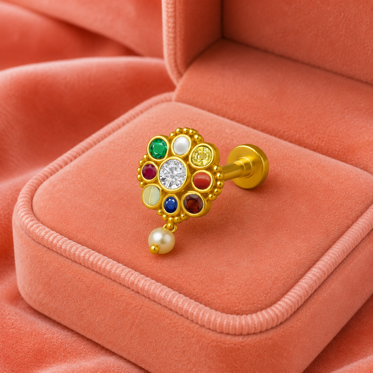 Navratna Round Floral with Pearl Drop Nose Pin – Sterling Silver Gold Plated