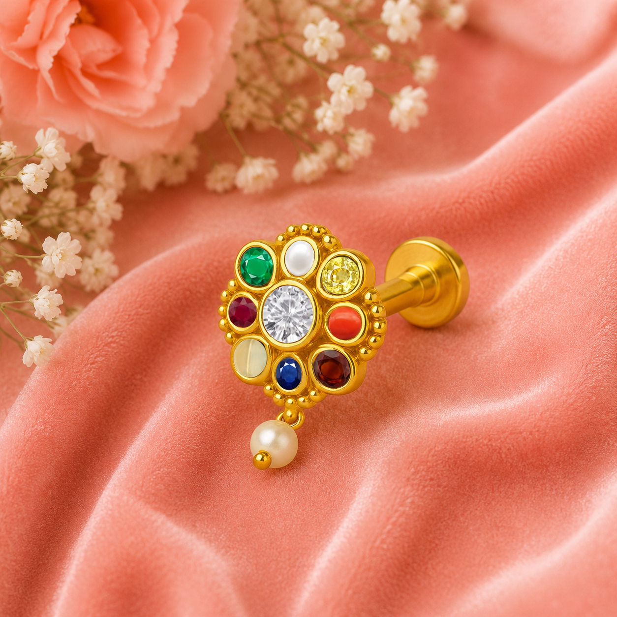 Navratna Round Floral with Pearl Drop Nose Pin – Sterling Silver Gold Plated