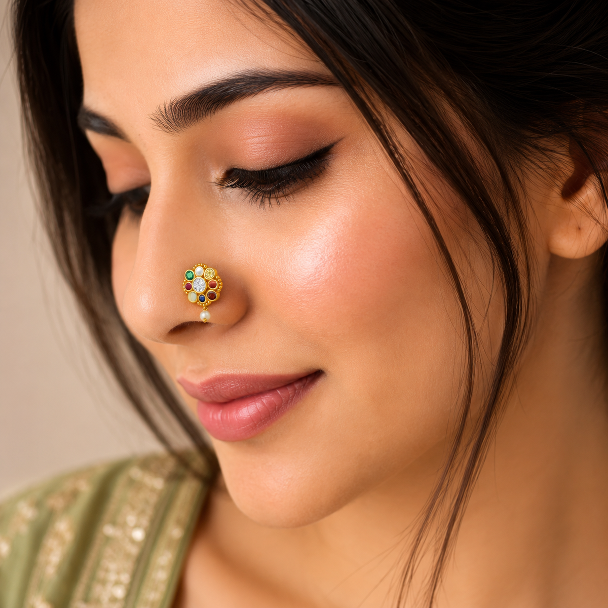Navratna Round Floral with Pearl Drop Nose Pin – Sterling Silver Gold Plated