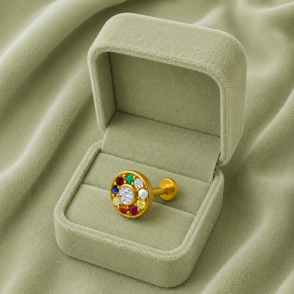 Navratna Classic Round Multi Gemstone Nose Pin – Sterling Silver Gold Plated