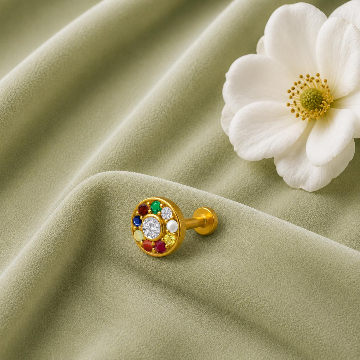 Navratna Classic Round Multi Gemstone Nose Pin – Sterling Silver Gold Plated