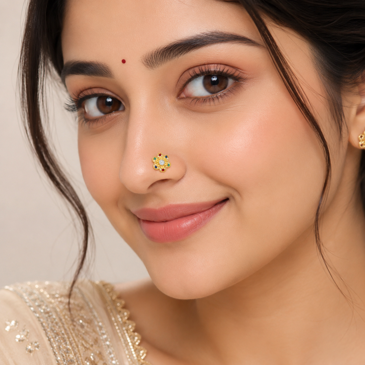 Navratna Floral Colorful Petal Design Nose Pin – Sterling Silver Gold Plated