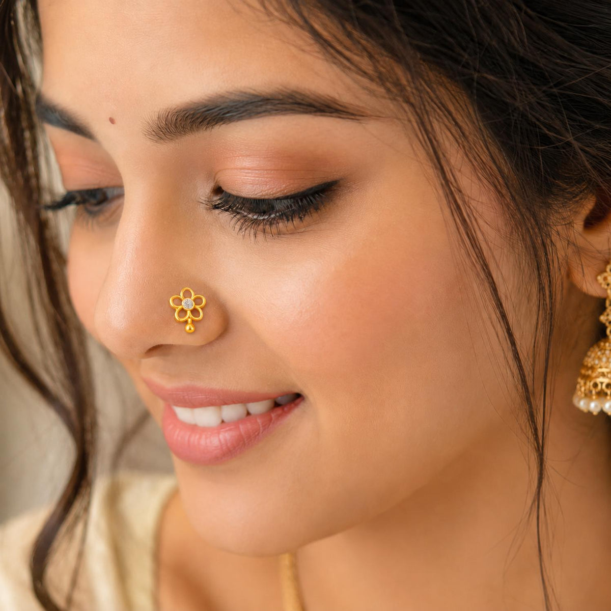 White CZ Floral Open-Petal Nose Pin – Sterling Silver Gold Plated