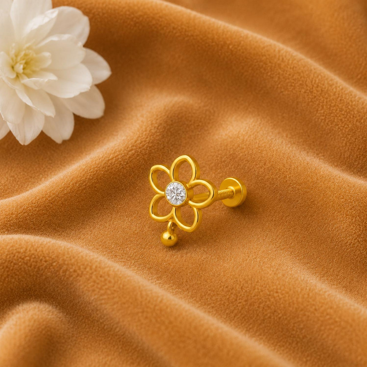 White CZ Floral Open-Petal Nose Pin – Sterling Silver Gold Plated