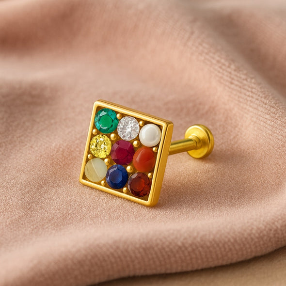 Navratna Square Multigem Nose Pin – Sterling Silver Gold Plated