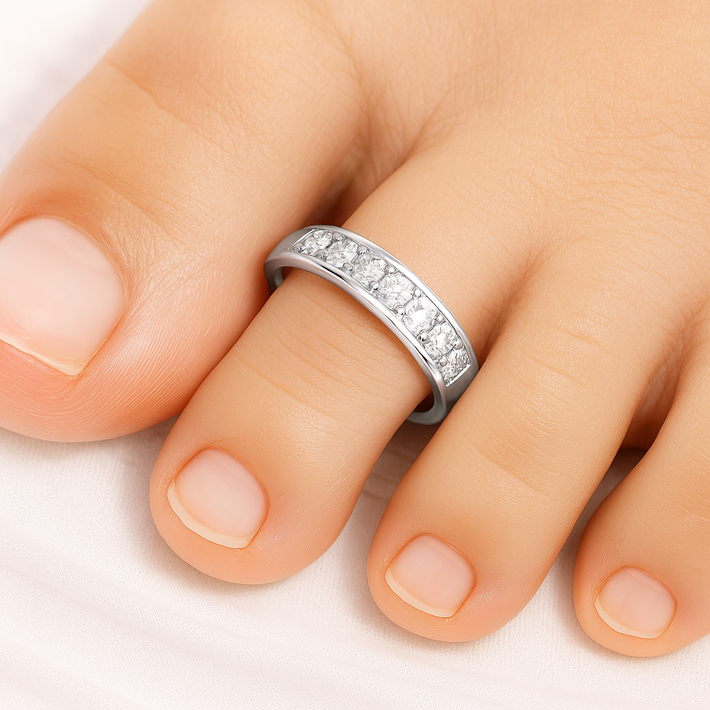 Adjustable Toe Ring with CZ Stones - Sterling Silver