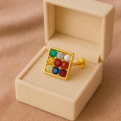 Navratna Square Multigem Nose Pin – Sterling Silver Gold Plated