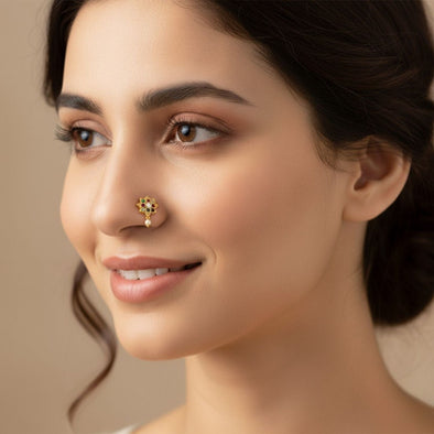 Navratna Lotus Floral Design with Pearl Drop Nose Pin – Sterling Silver Gold Plated