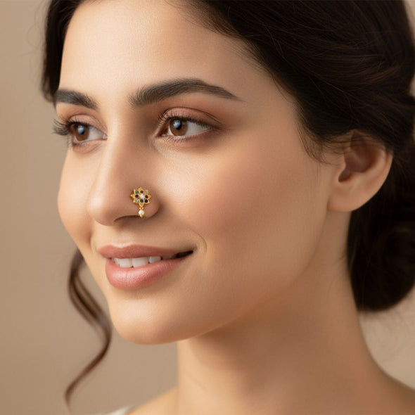 Navratna Lotus Floral Design with Pearl Drop Nose Pin – Sterling Silver Gold Plated