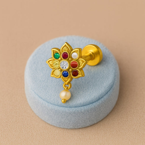 Navratna Lotus Floral Design with Pearl Drop Nose Pin – Sterling Silver Gold Plated