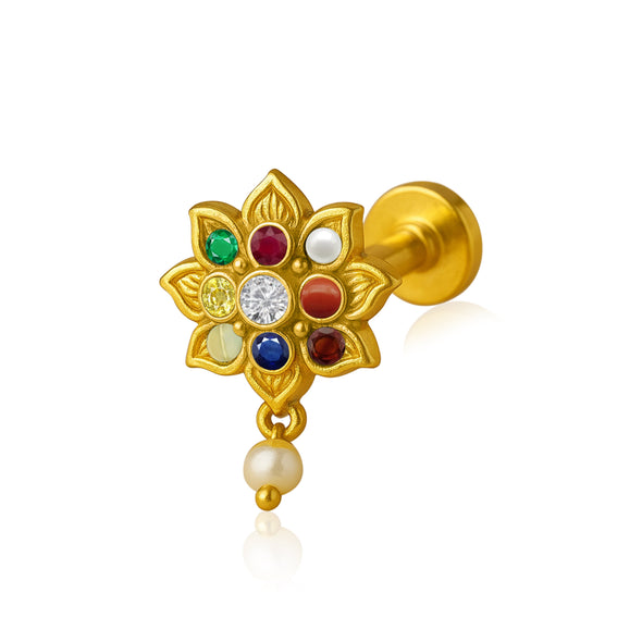 Navratna Lotus Floral Design with Pearl Drop Nose Pin – Sterling Silver Gold Plated