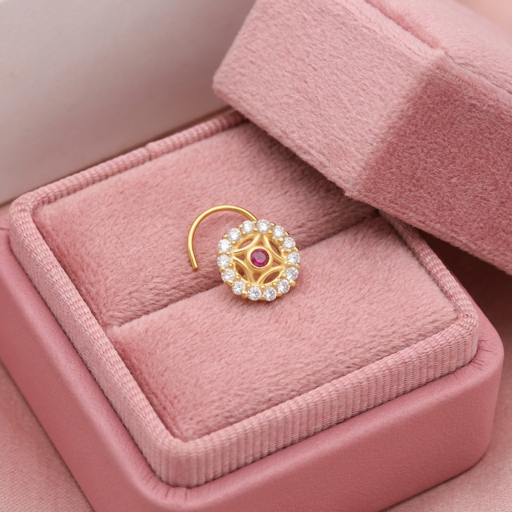 Pink CZ Halo Circle Filigree Nose Pin – 925 Sterling Silver Yellow Plated