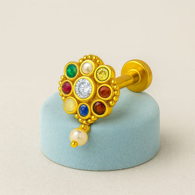 Navratna Round Floral with Pearl Drop Nose Pin – Sterling Silver Gold Plated