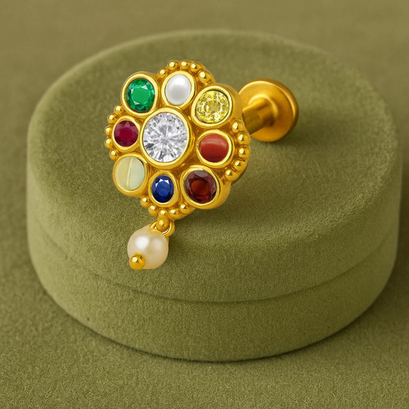 Navratna Round Floral with Pearl Drop Nose Pin – Sterling Silver Gold Plated