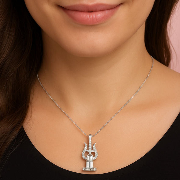 White CZ Shivling Trishul Pendant - Sterling Silver