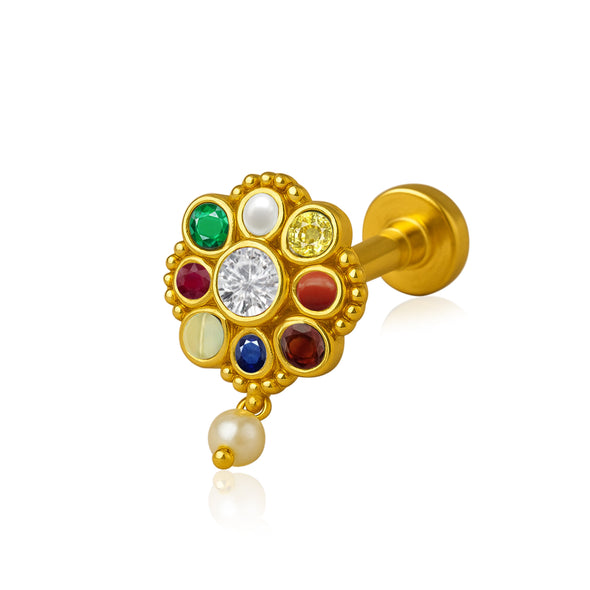Navratna Round Floral with Pearl Drop Nose Pin – Sterling Silver Gold Plated