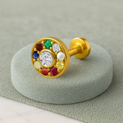 Navratna Classic Round Multi Gemstone Nose Pin – Sterling Silver Gold Plated