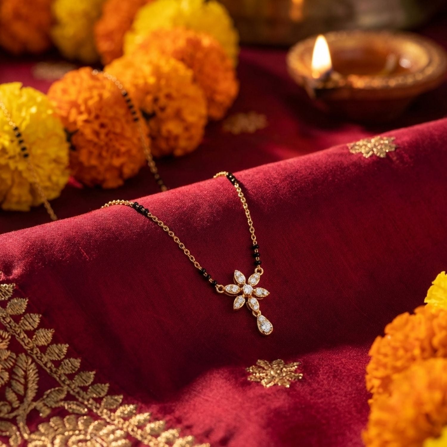 Floral Drop Mangalsutra – Sterling Silver Gold Plated