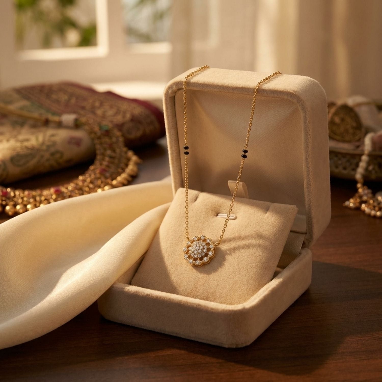 Floral Cluster Mangalsutra – Sterling Silver Gold Plated