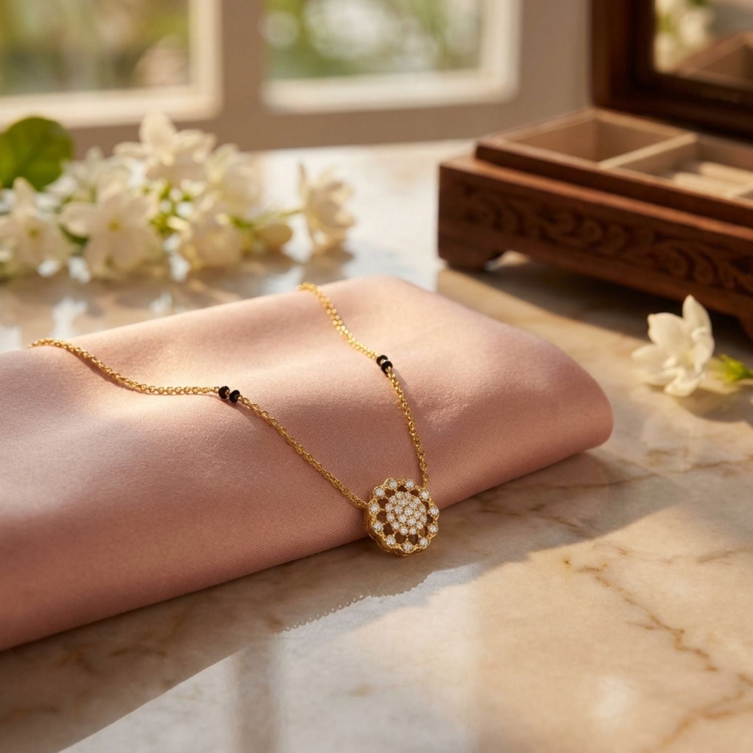 Floral Cluster Mangalsutra – Sterling Silver Gold Plated