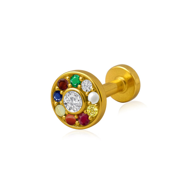 Navratna Classic Round Multi Gemstone Nose Pin – Sterling Silver Gold Plated