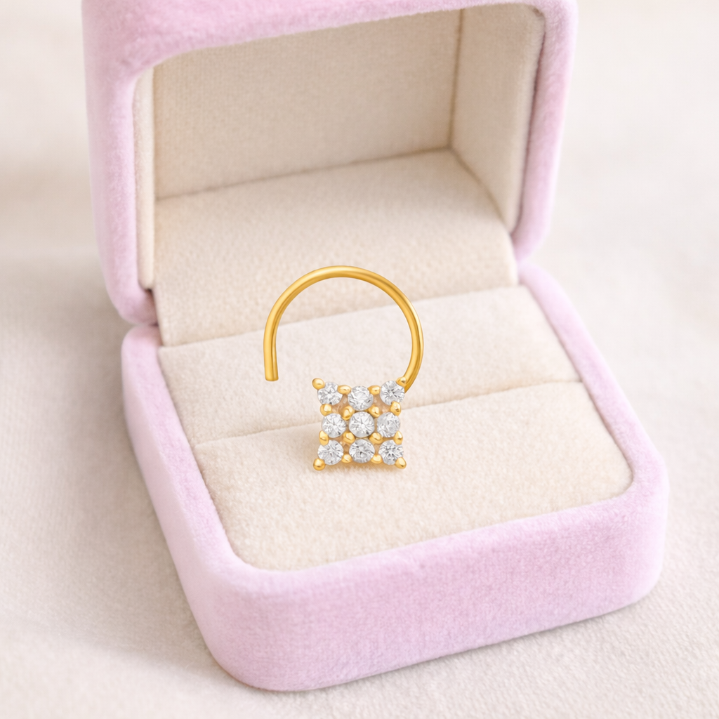Multi Stone Square Design Nose Pin - Gold Plated 925 Silver