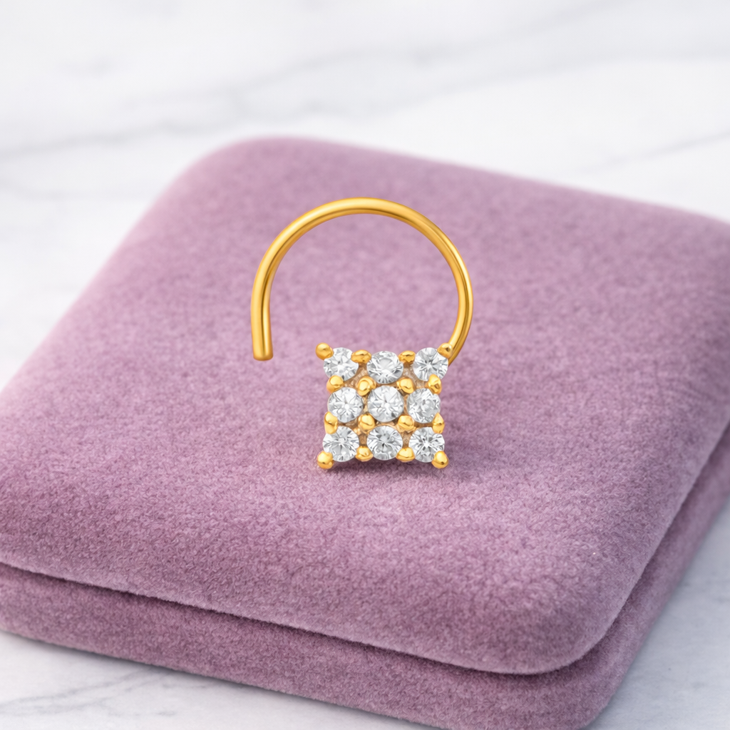 Multi Stone Square Design Nose Pin - Gold Plated 925 Silver