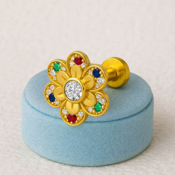 Navratna Floral Colorful Petal Design Nose Pin – Sterling Silver Gold Plated