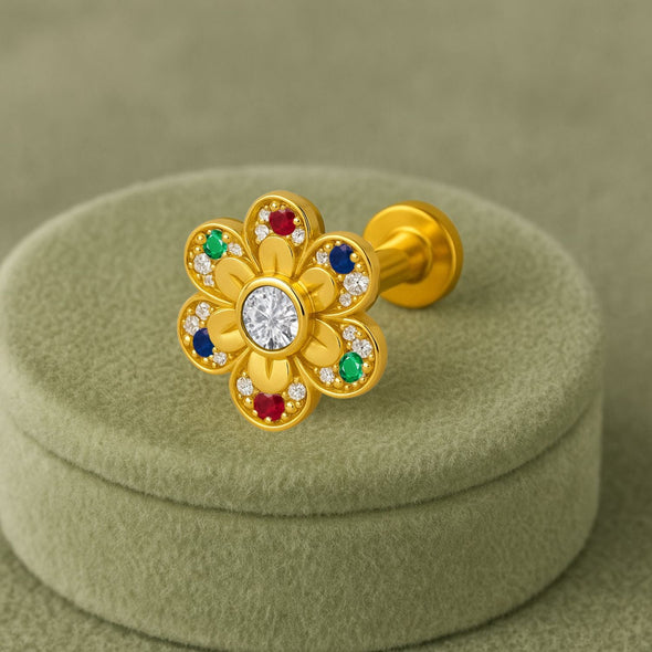 Navratna Floral Colorful Petal Design Nose Pin – Sterling Silver Gold Plated