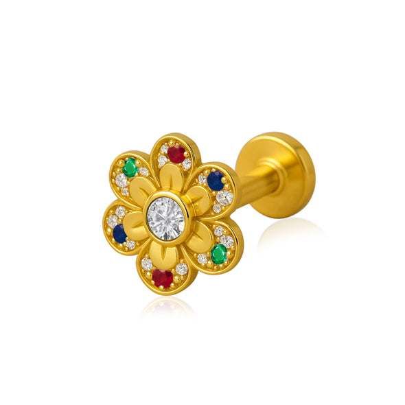 Navratna Floral Colorful Petal Design Nose Pin – Sterling Silver Gold Plated