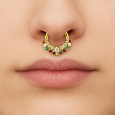 Navratna Multi Gemstone Crescent Design Septum Nose Pin – Sterling Silver Gold Plated