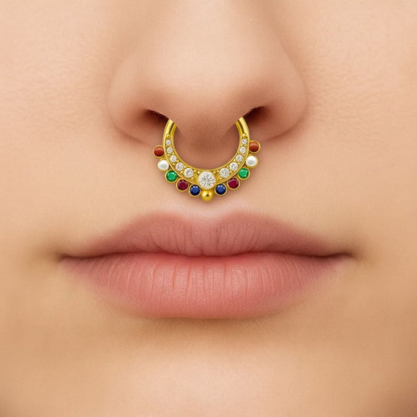 Navratna Multi Gemstone Crescent Design Septum Nose Pin – Sterling Silver Gold Plated