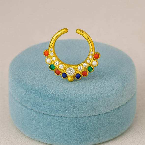 Navratna Multi Gemstone Crescent Design Septum Nose Pin – Sterling Silver Gold Plated