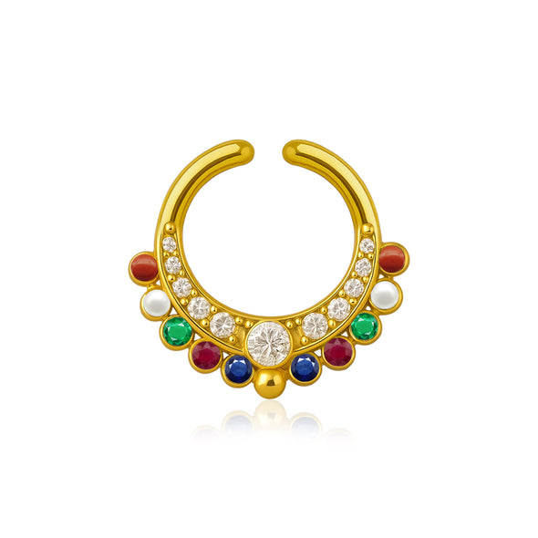 Navratna Multi Gemstone Crescent Design Septum Nose Pin – Sterling Silver Gold Plated