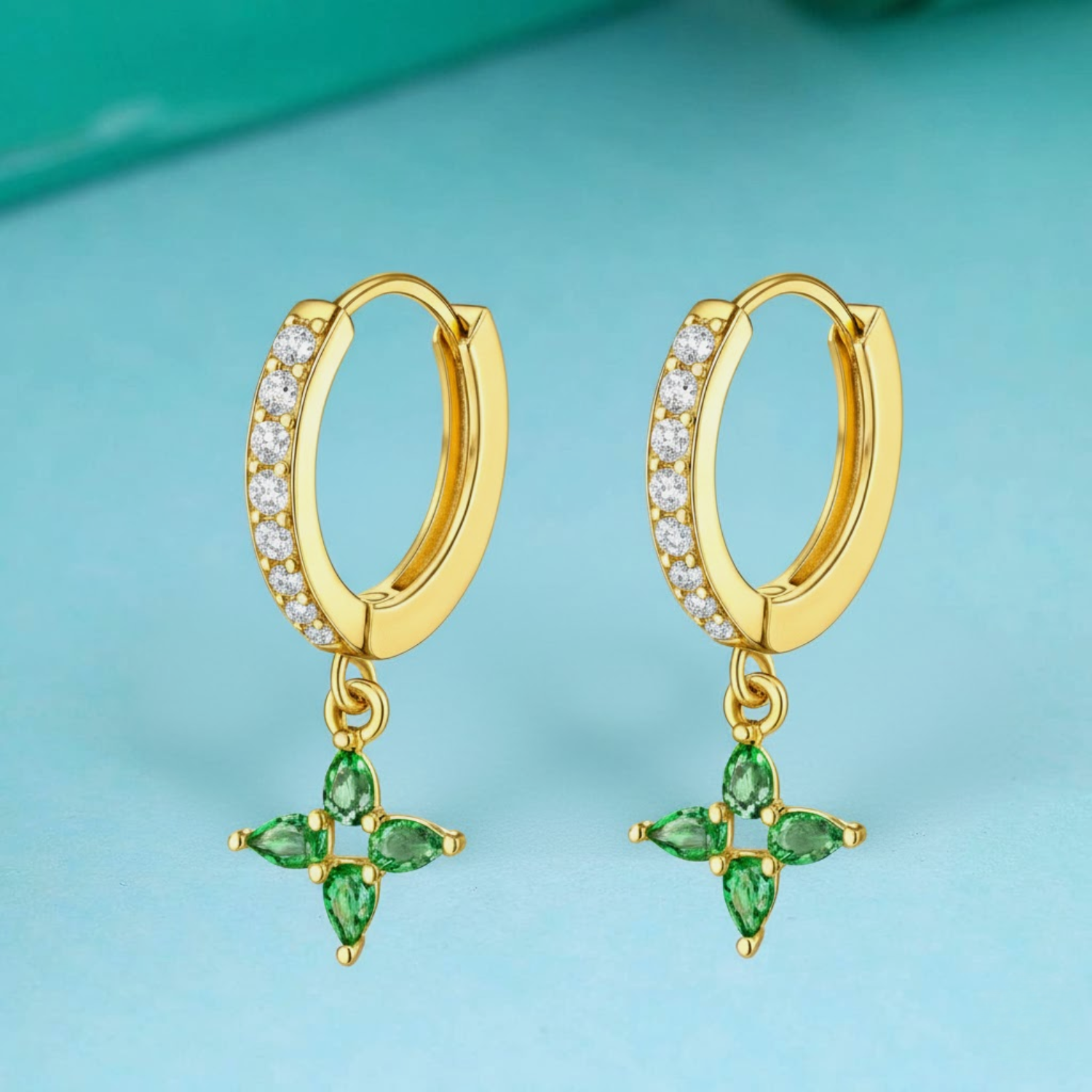 Emerald Floral Dangle Hoop Earrings – Sterling Silver Gold Plated