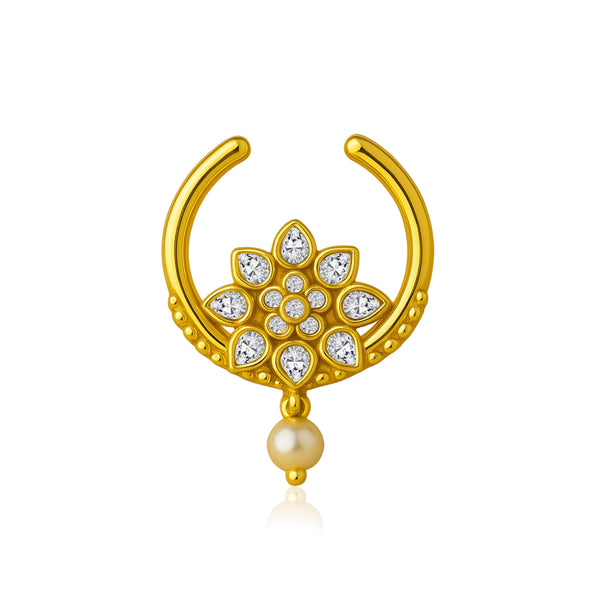 White CZ Floral with Pearl Drop Septum Nose Pin – Sterling Silver Gold Plated