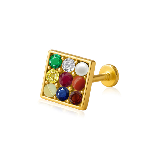 Navratna Square Multigem Nose Pin – Sterling Silver Gold Plated