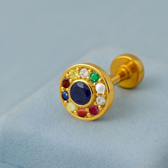 Navratna Round Multi Gemstone Nose Pin – Sterling Silver Gold Plated