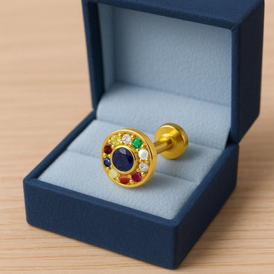 Navratna Round Multi Gemstone Nose Pin – Sterling Silver Gold Plated