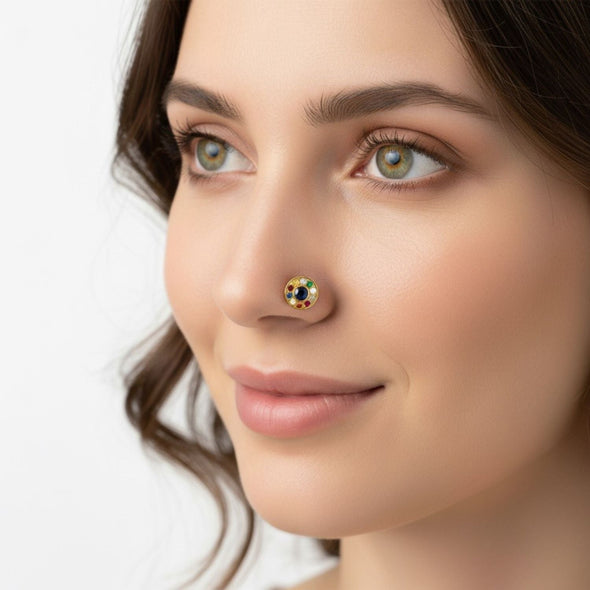 Navratna Round Multi Gemstone Nose Pin – Sterling Silver Gold Plated